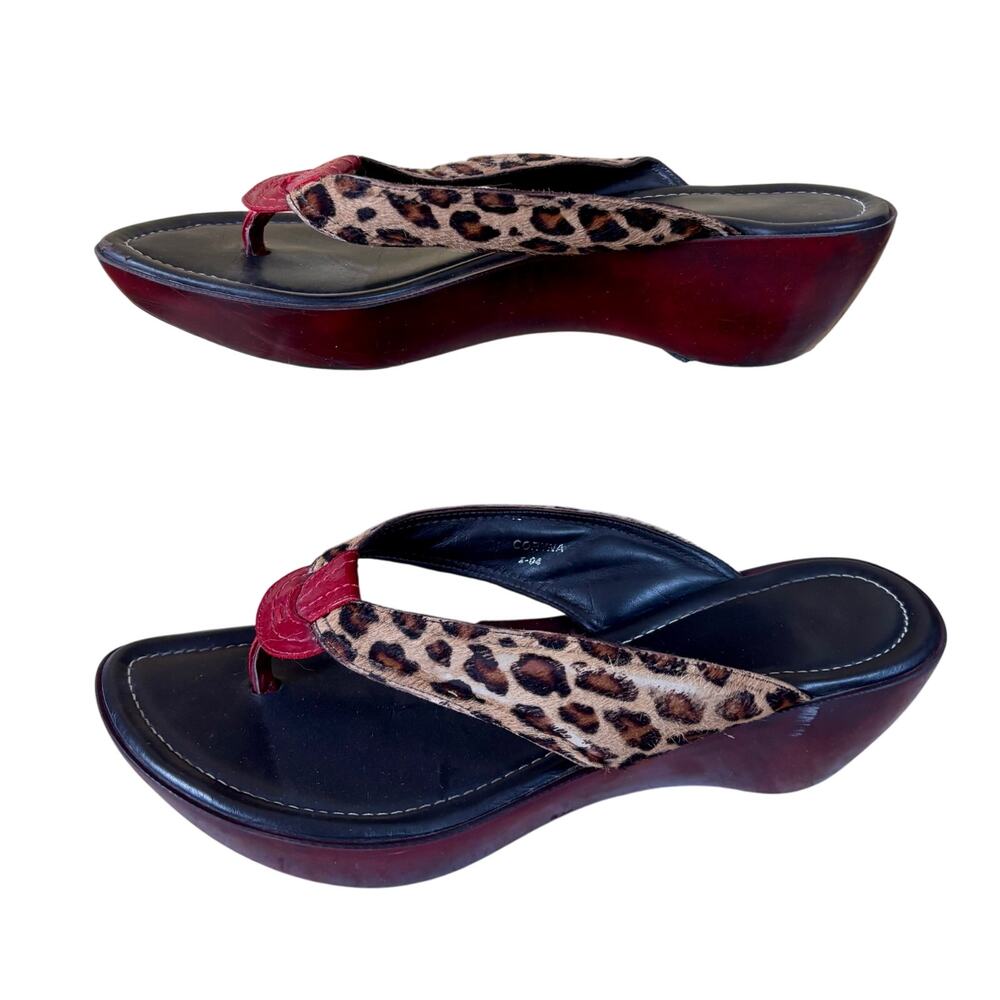 Donald Pliner Animal Print Hair Calf Red Leather Wedge Shoe Thong Sandal Sz 11
